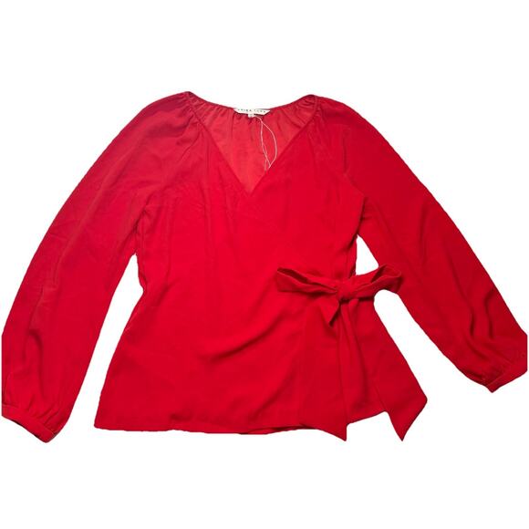 Trina Turk Top Women Red Draped Flowing Wrap Long Sleeve Blouse Shirt V-Neck M - Picture 1 of 8